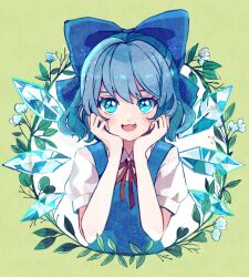 Rule 34 | 1girl, blue bow, blue dress, blue eyes, blue flower, blue hair, blush, bow, cirno, collared shirt, dress, fairy, fang, flower, hair bow, highres, ice, ice wings, looking at viewer, nauka, open mouth, pinafore dress, puffy short sleeves, puffy sleeves, shirt, short hair, short sleeves, sleeveless, sleeveless dress, smile, solo, touhou, upper body, white shirt, wings