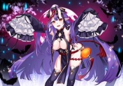Rule 34 | 1girl, armpits, artist name, bare shoulders, bat (animal), breast curtains, breasts, captain hannah, coffin, commentary, detached sleeves, full moon, halloween, hat, horns, indie virtual youtuber, jiangshi, lantern, large breasts, long hair, looking at viewer, moon, multicolored hair, no panties, ofuda, oni horns, open mouth, outstretched arms, paper lantern, pelvic curtain, pointy ears, purple hair, red eyes, revealing clothes, ringeko-chan, second-party source, sleeves past fingers, sleeves past wrists, solo, symbol-only commentary, tassel, thighhighs, virtual youtuber, zombie pose