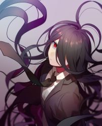 1boy black_hair black_jacket black_necktie brown_hair commentary_request danganronpa_(series) danganronpa_2:_goodbye_despair expressionless formal_clothes from_above frown grey_background grey_hair hair_over_one_eye highres hinata_hajime huyuharu0214 jacket kamukura_izuru long_hair looking_at_viewer male_focus messy_hair necktie red_eyes school_uniform shirt signature simple_background solo spoilers suit very_long_hair white_shirt