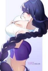 Rule 34 | 1girl, absurdres, artist name, ass, bare shoulders, braid, breasts, cleavage, collarbone, dolphin shorts, genshin impact, highres, large breasts, long hair, looking at viewer, low-braided long hair, low-tied long hair, mole, mole under eye, purple eyes, purple hair, purple shorts, raiden shogun, short shorts, shorts, solo, tank top, thighs, tofuubear, very long hair, white tank top