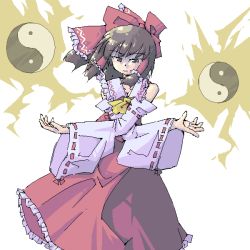 Rule 34 | 1girl, arnest, ascot, bare shoulders, bow, brown eyes, brown hair, closed mouth, detached sleeves, female focus, frilled skirt, frills, hair bow, hair tubes, hakurei reimu, imperishable night, looking at viewer, oekaki, red bow, red skirt, ribbon-trimmed sleeves, ribbon trim, simple background, skirt, skirt set, smile, solo, touhou, white background, wide sleeves, yin yang