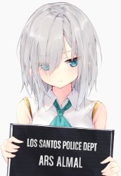Rule 34 | 1girl, aqua eyes, ars almal, bare shoulders, closed mouth, collared shirt, eyes visible through hair, frown, gold trim, grand theft auto, grey hair, hair over one eye, highres, holding, long hair, looking at viewer, medium hair, necktie, nijisanji, poster (object), shirt, sidelocks, simple background, sleeveless, sleeveless shirt, solo, t-bth, upper body, virtual youtuber, white background, white shirt