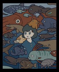 Rule 34 | 1girl, absurdres, animal, animal request, barracuda, black border, blue jacket, bob cut, border, coelacanth, commentary, eel, fish, fish request, giant squid, hair ornament, hairclip, highres, jacket, looking to the side, monkfish, nautilus (animal), no nose, oarfish, ocean, octopus, open mouth, original, short hair, taiyo sun sun