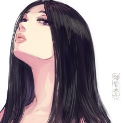 Rule 34 | 1girl, artist logo, black hair, long hair, looking at viewer, nude, original, parted lips, pink lips, portrait, purple eyes, shu-mai, simple background, solo, upper body, white background