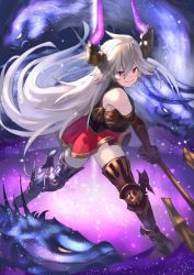 Rule 34 | 1girl, armored boots, axe, bare shoulders, boots, brown gloves, closed mouth, commentary request, dragon, elbow gloves, gloves, granblue fantasy, grey hair, hair between eyes, highres, holding, holding weapon, horns, legs apart, long hair, looking at viewer, red eyes, red skirt, skirt, smile, solo, standing, threo (granblue fantasy), thigh boots, thighhighs, wasabi60, weapon