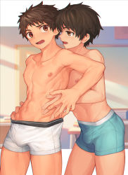 Rule 34 | 2boys, blue boxer briefs, blush, boxer briefs, brown eyes, brown hair, bulge, classroom, collarbone, cowboy shot, finger gun, hand grab, hand on another&#039;s hip, highres, indoors, male focus, male underwear, multiple boys, navel, nayoshi (r-744), nipples, open mouth, original, outside border, profile, school, short hair, spiked hair, toned, toned male, underwear, underwear only, white boxer briefs, white male underwear, yaoi