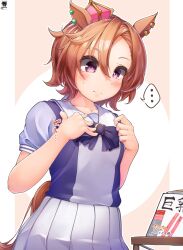 Rule 34 | ..., 1girl, 1koma, absurdres, animal ears, bow, bowtie, breast conscious, breasts, comic, commentary request, commission, cowboy shot, crown, ear piercing, hair between eyes, hand on own chest, hibiki (zerocodo), highres, horse ears, horse girl, horse tail, mini crown, orange hair, piercing, pink headwear, pixiv commission, pleated skirt, purple bow, purple bowtie, purple eyes, purple shirt, sailor collar, school uniform, shirt, signature, skirt, small breasts, solo, speech bubble, spoken ellipsis, t.m. opera o (umamusume), tail, tilted headwear, tracen school uniform, translation request, umamusume, white sailor collar