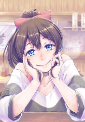 Rule 34 | 10s, 1girl, arm support, bare shoulders, blue eyes, blurry, blush, brown hair, depth of field, highres, idolmaster, idolmaster million live!, looking at viewer, ponytail, restaurant, satake minako, seven star, smile, solo, steam