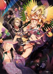 Rule 34 | 1boy, 2girls, abs, balloon, black gloves, black thighhighs, blonde hair, breasts, chinese clothes, churro, cleavage, collarbone, dancing, dress, dudou, fate/grand order, fate (series), fingerless gloves, fireworks, food, gloves, hair intakes, holding, holding food, horns, jacket, jewelry, long hair, looking at viewer, medium breasts, multiple girls, necklace, night, night sky, official art, oni, open mouth, ororooops, outdoors, popcorn, purple eyes, purple hair, quetzalcoatl (fate), quetzalcoatl (samba santa) (fate), rope, sakata kintoki (fate), sakata kintoki (rider) (fate), second-party source, shimenawa, shuten douji (fate), shuten douji (fate/grand order), shuten douji (halloween caster) (fate), skin-covered horns, sky, smile, sun, teeth, thighhighs, upper teeth only, waving