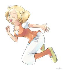 Rule 34 | 1girl, ;d, bianca (pokemon), blonde hair, creatures (company), dress, eyelashes, female focus, from side, full body, game freak, green eyes, highres, kijouyu, looking at viewer, nintendo, one eye closed, open mouth, orange pantyhose, orange vest, pantyhose, pokemon, pokemon (anime), pokemon bw (anime), shoes, short sleeves, signature, simple background, smile, solo, teeth, tongue, upper teeth only, vest, white background, white dress, yellow footwear