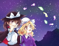 Rule 34 | 2girls, big dipper, black headwear, black skirt, blonde hair, book, bow, bowtie, breasts, brown eyes, brown hair, capelet, commentary request, derivative work, dress, fedora, hat, hat bow, hat ribbon, keyaki chimaki, maribel hearn, medium breasts, multiple girls, open mouth, outdoors, purple dress, rainbow-colored septentrion, ribbon, shirt, skirt, sky, small breasts, star (sky), starry sky, touhou, usami renko, white bow, white headwear, white shirt, yellow eyes