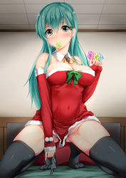 Rule 34 | 10s, 1girl, aqua eyes, aqua hair, arm warmers, black panties, black thighhighs, blush, breasts, christmas tree hair ornament, collarbone, condom, condom in mouth, detached collar, dress, fur trim, gluteal fold, hair ornament, highres, holding, holding condom, indoors, kantai collection, kneeling, kuon (break through), looking at viewer, medium breasts, mouth hold, no panties, on bed, panties, unworn panties, red dress, skindentation, solo, suzuya (kancolle), thighhighs, underwear