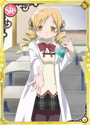 Rule 34 | 10s, 1girl, blonde hair, card (medium), copyright name, drill hair, flask, hair ornament, lab coat, looking at viewer, mahou shoujo madoka magica, mahou shoujo madoka magica plus, official art, pantyhose, round-bottom flask, school uniform, smile, solo, test tube, tomoe mami, trading card, twin drills, twintails, yellow eyes