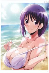 Rule 34 | 1girl, absurdres, bare shoulders, beach, bikini, bracelet, breasts, cleavage, closed mouth, day, highres, island (kossori), jewelry, large breasts, lens flare, looking at viewer, ocean, outdoors, purple eyes, purple hair, scan, short hair, smile, solo, strap pull, swimsuit, tan, tanline, toranoana, undressing, upper body
