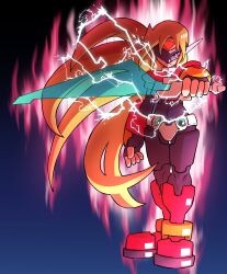 Rule 34 | 1boy, absurdres, android, armor, aura, bakarott, black background, blonde hair, blue background, blue eyes, boots, commission, dark background, electricity, energy sword, facial mark, forehead mark, girouette (mega man), glowing, gradient background, highres, holding, holding sword, holding weapon, long hair, looking at crotch, mega man (series), mega man zx, model z (mega man), outstretched arm, power armor, red armor, red footwear, robot ears, second-party source, solo, standing, sunglasses, sword, very long hair, weapon