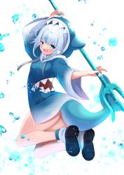 Rule 34 | 1girl, :d, absurdres, ass, blue eyes, blue hair, blue hoodie, blue nails, blue socks, blush, breasts, commentary request, drawstring, fins, fish tail, from behind, full body, gawr gura, gawr gura (1st costume), highres, holding, holding polearm, holding weapon, hololive, hololive english, hood, hood up, hoodie, long sleeves, looking at viewer, looking back, multicolored hair, nail polish, open mouth, polearm, shark tail, sharp teeth, shibakame, shoe soles, shoes, small breasts, smile, socks, solo, streaked hair, tail, teeth, trident, virtual youtuber, water drop, weapon, white background, white footwear, wide sleeves