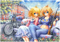 Rule 34 | 2girls, ahoge, artist name, bench, blonde hair, blue eyes, blush, breasts, cleavage, closed mouth, commission, crop top, day, denim, emperpep, gun, jeans, large breasts, long hair, looking at viewer, motor vehicle, motorcycle, multiple girls, navel, original, outdoors, painting (medium), pants, parted lips, signature, sitting, smile, traditional media, watercolor (medium), weapon