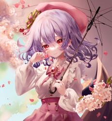 Rule 34 | 1girl, blush, bow, breasts, collared shirt, corset, flower, frilled shirt collar, frills, glint, hair between eyes, hair ornament, hand on own face, hat, highres, holding, holding umbrella, jewelry, long sleeves, looking at viewer, medium breasts, petals, pointy ears, puffy long sleeves, puffy sleeves, purple hair, red bow, red eyes, red ribbon, red skirt, remilia scarlet, ribbon, rie inthanin, shirt, short hair, skirt, smile, solo, touhou, umbrella, upper body, white shirt, wings