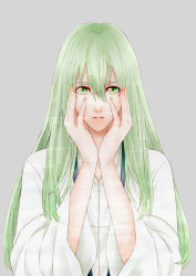 Rule 34 | 1boy, androgynous, bad id, bad pixiv id, enkidu (fate), fate/strange fake, fate (series), green eyes, green hair, hands on own face, long hair, male focus, matching hair/eyes, robe, solo, tomose0224