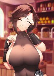 Rule 34 | 1girl, alternate breast size, animated, artist name, bare shoulders, belt, blush, breasts, brown hair, closed eyes, collarbone, cookie, covered navel, eating, food, gloves, hand on own cheek, hand on own face, huge breasts, jiggle, large breasts, leotard, lulu-chan92, revealing clothes, ruby rose, rwby, segal03, shelf, short hair, sideboob, simple background, skin tight, smile, solo, third-party edit, upper body, video