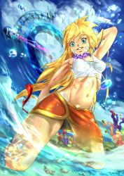 Rule 34 | 1girl, bandages, blonde hair, blue eyes, breasts, chrono cross, cloud, highres, jewelry, kid (chrono cross), long hair, looking at viewer, midriff, momomoxeno, navel, necklace, skirt, smile, solo, water