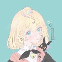 Rule 34 | 1girl, ahoge, bell, black cat, black jacket, blonde hair, blush, bob cut, bow, bowtie, cardigan, cat, character name, green background, green eyes, hair ornament, hairclip, heart, highres, iktsuar78924960, jacket, looking at viewer, lucie (millie parfait), millie parfait, nijisanji, nijisanji en, orange cardigan, shirt, solo, virtual youtuber, white shirt, witch