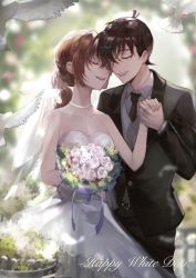 Rule 34 | 1boy, 1girl, :d, absurdres, belt, black belt, black jacket, black neckwear, black pants, blurry, blurry background, bouquet, breasts, bridal veil, brown hair, cleavage, closed eyes, collarbone, collared shirt, couple, dress, english text, flower, grey vest, hetero, highres, holding, holding bouquet, holding hands, husband and wife, jacket, jewelry, kudou shin&#039;ichi, long hair, meitantei conan, miyano shiho, necklace, necktie, open mouth, pants, shirt, short hair, sleeveless, sleeveless dress, small breasts, smile, strapless, strapless dress, tabayashi, veil, vest, wedding dress, white day, white dress, white flower, white shirt, wing collar