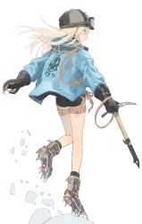 Rule 34 | 1girl, axe, black eyes, black gloves, black shorts, blonde hair, blue jacket, boots, commentary request, eyewear on head, floating hair, from behind, glasses, gloves, hair between eyes, hat, highres, hirooka masaki, holding, holding axe, ice axe, jacket, long hair, long sleeves, open mouth, original, rope, shorts, simple background, skull, skull and crossbones, smile, solo, standing, strap, teeth, white background