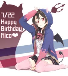 Rule 34 | 10s, 1girl, araco, bat wings, black hair, black skirt, blush, center frills, character name, dated, demon tail, eyebrows, frills, happy birthday, highres, hood, hoodie, horns, jacket, long hair, looking at viewer, love live!, love live! school idol festival, love live! school idol project, mouth hold, no shoes, open clothes, open hoodie, pink thighhighs, polearm, polka dot, polka dot shirt, red eyes, sailor collar, shirt, sitting, skirt, smile, solo, tail, thighhighs, trident, wariza, weapon, wings, yazawa nico, zettai ryouiki