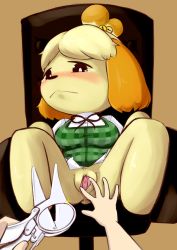 Rule 34 | 1girl, :&lt;, animal crossing, animal ears, aoimua, bell, black eyes, blonde hair, blush, bottomless, breasts, chair, clitoris, disembodied hand, dog ears, embarrassed, female focus, full body, furry, furry female, green vest, hair bell, hair ornament, half-closed eyes, highres, isabelle (animal crossing), looking at viewer, looking down, medium breasts, nervous, nintendo, pov, pussy, pussy juice, red ribbon, ribbon, shirt, short hair, short sleeves, simple background, sitting, solo, speculum, spread legs, spread pussy, tears, uncensored, urethra, vest, white shirt, yellow background