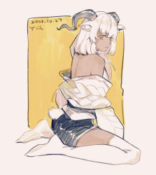 Rule 34 | 1girl, animal ears, arknights, artist name, bare shoulders, beeswax (arknights), beeswax (weisser sand) (arknights), black shorts, brown eyes, dark-skinned female, dark skin, dated, jacket, long hair, looking at viewer, no shoes, off shoulder, official alternate costume, shorts, signature, silver hair, sitting, solo, tail, thighhighs, wariza, white jacket, white thighhighs, yu (floraomania)