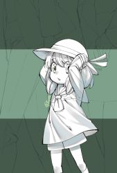Rule 34 | 1girl, :o, anya (spy x family), arms up, ascot, child, dress, feet out of frame, green background, hands on headwear, hat, hat ribbon, long sleeves, looking at viewer, medium hair, miyamayomema, ribbon, shorts, socks, solo focus, spot color, spy x family, sun hat, twilight (spy x family), walking, yor briar