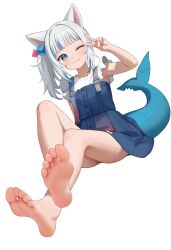 Rule 34 | 1girl, absurdres, animal ears, barefoot, blue eyes, blue hair, blue nails, blue skirt, blunt bangs, blush, cat ears, closed mouth, crossed ankles, cube hair ornament, dutch angle, fanteam, feet, fins, fish tail, foot focus, frilled sleeves, frills, gawr gura, gawr gura (casual), grey hair, hair ornament, hand up, highres, hololive, hololive english, invisible chair, long hair, looking at viewer, miniskirt, multicolored hair, nail polish, official alternate costume, one eye closed, shark girl, shark tail, shirt, short sleeves, side ponytail, sidelocks, simple background, sitting, skirt, skirt set, smile, soles, solo, streaked hair, tail, toenail polish, toenails, toes, v, virtual youtuber, white background, white shirt