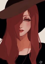 Rule 34 | 1girl, eyeshadow, hair over one eye, half-closed eyes, hat, lipstick, long hair, makeup, parasoul (skullgirls), parted lips, portrait, red hair, red lips, skullgirls, solo, ungly