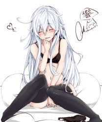 Rule 34 | 10s, 1girl, bare shoulders, between legs, black bra, black panties, black thighhighs, blush, bow, bow panties, bra, breasts, character name, cushion, closed eyes, hair between eyes, hand between legs, hand to own mouth, heart, hibiki (kancolle), kantai collection, light smile, long hair, navel, panties, unworn panties, rizzl, signature, silver hair, sitting, small breasts, solo, stomach, thighhighs, underwear, underwear only
