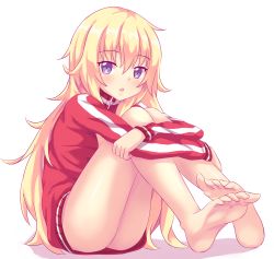 Rule 34 | 10s, 1girl, ass, barefoot, blonde hair, bottomless, feet, full body, gabriel dropout, gabriel tenma white, hair between eyes, head tilt, highres, jacket, long hair, long sleeves, looking at viewer, naked jacket, no bra, no panties, nottytiffy, open mouth, purple eyes, red jacket, simple background, sitting, sketch, soles, solo, striped clothes, striped jacket, toes, track jacket, very long hair, white background