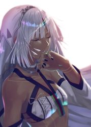 Rule 34 | 10s, 1girl, altera (fate), armor, bare shoulders, black nails, breasts, choker, closed eyes, crying, dark-skinned female, dark skin, detached sleeves, fate/extella, fate/extra, fate/grand order, fate (series), highres, jewelry, matsuharu (lip-mil), midriff, nail polish, navel, parted lips, rainbow, red eyes, ring, short hair, small breasts, solo, tattoo, veil, white background, white hair