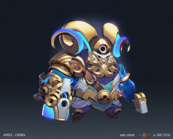 Rule 34 | 1boy, alternate costume, aries (zodiac), artist name, belt, black background, blue skin, character name, colored skin, dual wielding, facing viewer, full body, gauntlets, glowing, gradient background, grey background, grey shirt, hammer, helmet, holding, holding hammer, horns, league of legends, long hair, ornn, see you, shirt, shoulder plates, single gauntlet, single shoulder pad, solo, space print, standing, starry sky print, two-sided horns, zodiac