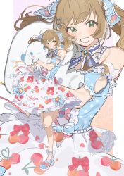 Rule 34 | 1girl, :d, absurdres, blue ribbon, blue shirt, blush, brown hair, cherry print, dot nose, eyelashes, food print, frilled skirt, frills, green eyes, hair ribbon, high heels, highres, holding, holding stuffed toy, idolmaster, idolmaster cinderella girls, lace, lace-trimmed ribbon, lace trim, long hair, hugging object, open mouth, rabbit, ribbon, shirt, signature, skirt, smile, solo, standing, standing on one leg, stuffed toy, sugata dski, twintails, white skirt, zoom layer