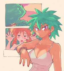 Rule 34 | 2girls, blush, bone earring, breasts, character request, copyright request, earrings, green hair, hair between eyes, inkerton-kun, jewelry, looking at viewer, medium breasts, multiple girls, orange hair, outdoors, red eyes, tongue, tongue out, tree, v-shaped eyebrows