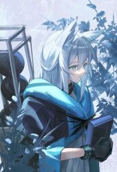 Rule 34 | 1girl, animal ears, aqua eyes, arknights, black cloak, black gloves, blue cloak, book, cat ears, cat girl, cloak, commentary request, gloves, grey hair, highres, holding, holding book, infection monitor (arknights), li2 su2, long hair, open mouth, plant, rosmontis (arknights), solo, two-tone cloak, upper body