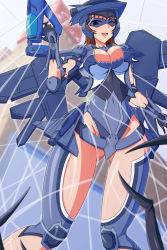 Rule 34 | 1girl, armor, ass, bracer, breasts, brown eyes, brown hair, bug, city, cleavage, cleavage cutout, clothing cutout, covered navel, earth defense force, earth defense force 2025, full body, gloves, gluteal fold, gun, headgear, helmet, highres, large breasts, long hair, looking at viewer, mechanical wings, open mouth, pauldrons, shoulder armor, silk, solo, spider, spider web, weapon, wing diver, wings, worried, wrapped up