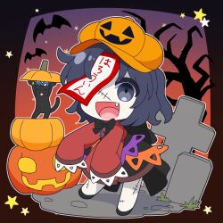 1girl :d animalization bare_tree bat_(animal) black_bow black_bowtie black_eyes black_hair black_skirt bow bowtie cabbie_hat chibi chibi_only chinese_clothes commentary_request cross fang full_body hat highres jack-o&#039;-lantern jiangshi kaku_seiga lace-trimmed_sleeves lace_trim looking_at_viewer meme miyako_yoshika ofuda open_mouth orange_hat outdoors outstretched_arms pumpkin red_shirt rizleting sazae-san sazae-san_food_gag_(meme) shirt short_hair skirt sleeves_past_fingers sleeves_past_wrists smile solo star_(symbol) stitches tangzhuang tombstone touhou tree zombie zombie_pose