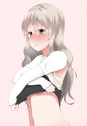Rule 34 | 10s, 1girl, bad id, bad pixiv id, blush, breasts, brown eyes, chestnut mouth, drunk, eyebrows, grey hair, kamenoyou, kantai collection, long hair, navel, pink background, pola (kancolle), simple background, small breasts, solo, sweat, thick eyebrows, underboob, undressing, upper body, wavy hair