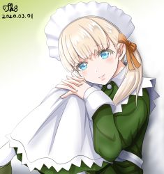 Rule 34 | 1girl, alternate costume, apron, artist name, blonde hair, blue eyes, blush, brown ribbon, buttons, collared dress, commentary request, dated, dress, enmaided, gradient background, green background, green dress, green footwear, hair over shoulder, hair ribbon, head tilt, highres, interlocked fingers, kantai collection, knees up, long dress, long hair, long sleeves, looking at viewer, maid, maid apron, maid headdress, ribbon, shadow, shin&#039;you (kancolle), side ponytail, sitting, smile, solo, tk8d32, white background, white legwear
