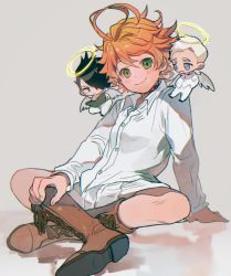 Rule 34 | 1girl, 2boys, ahoge, angel wings, black eyes, black hair, blouse, blue eyes, blush, book, boots, closed mouth, emma (yakusoku no neverland), green eyes, grey background, hair over one eye, halo, highres, leather, leather boots, long sleeves, looking at viewer, multiple boys, neck tattoo, norman (yakusoku no neverland), number tattoo, open book, orange hair, qin (7833198), ray (yakusoku no neverland), shadow, shirt, shoelaces, short hair, simple background, sitting, sketch, skirt, smile, tattoo, white hair, white shirt, wings, yakusoku no neverland