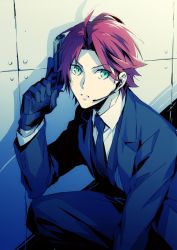 Rule 34 | 10s, 1boy, alternate costume, bad id, bad pixiv id, black gloves, collared shirt, ensemble stars!, formal, gloves, green eyes, gun, headset, holding, holding weapon, isara mao, kneeling, looking up, male focus, necktie, parted lips, pink hair, shirt, solo, suit, wall, weapon, xia (ryugo)