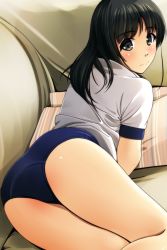 Rule 34 | 1girl, ass, black hair, blush, buruma, closed mouth, couch, from behind, green eyes, gym uniform, highres, long hair, looking at viewer, looking back, lying, matsunaga kouyou, on couch, on stomach, original, pillow, shiny skin, shirt, short sleeves, solo, tareme, thighs, white shirt