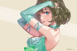 Rule 34 | 10s, 1girl, aqua eyes, armlet, arms up, bare shoulders, beige background, blue eyes, breasts, brown hair, cleavage, crystal, detached sleeves, eyelashes, formal, from side, green eyes, hands in hair, heterochromia, hikonyaaa, idolmaster, idolmaster cinderella girls, jewelry, looking at viewer, mole, mole under eye, necklace, parted lips, patterned background, shade, short hair, sleeveless, small breasts, smile, solo, takagaki kaede, twitter username, upper body, yellow background