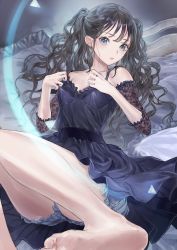 Rule 34 | 1girl, bare legs, bare shoulders, barefoot, black dress, black hair, bloomers, blue eyes, collarbone, dress, feet, frilled dress, frills, highres, kishida mel, long hair, looking at viewer, on bed, original, sleeves past elbows, solo, spaghetti strap, twintails, underwear, upskirt, wavy hair